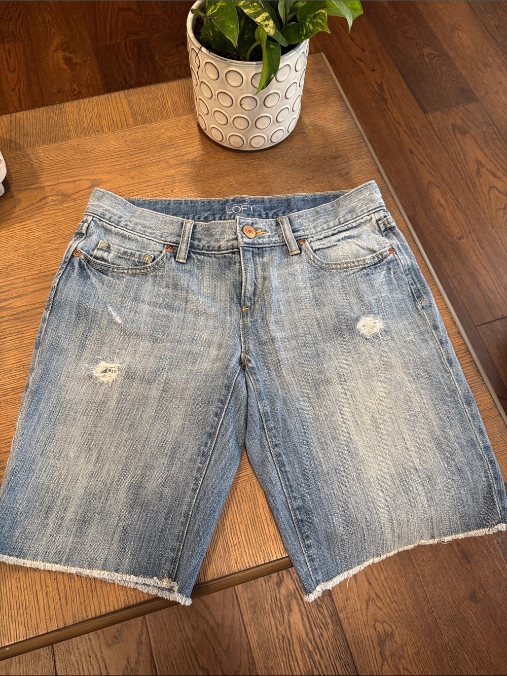 LOFT Light Wash Distressed Denim Bermuda Shorts with Frayed Hem